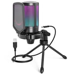 FIFINE USB Microphone Gaming, RGB Condensateur Microphone pour PC PS5, avec Bouton de Silence, Fixation Antichoc, Support Trépied, Filtre Anti-Pop, pour Streaming Discord Twitch Podcasts Videos