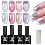 TOMICCA Cat Eyes Magnétique Vernis Semi Permanent, 4 Couleurs Gel Vernis à Ongles Rose Pailleté Set, Cat Eyes Gel Nail Polish Ensemble pour Débutants Nail Studio DIY Maison