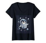 Womens Cute Penguin in Space Floating Among Stars Apparel V-Neck T-Shirt