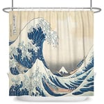 SDOTPMT 90x183cm Japonais Océan Vagues Rideau de Douche Résumé Mer Vague Bois Bateau Rideau de Bain Ukiyo-e Thème Fuji Mont Rideau de Baignoire pour Salle Bains Polyester avec Crochets