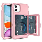 WeLoveCase iPhone 11 Wallet Case for Women, Men Defender Credit Card Holder Cover with Hidden Mirror Three Layer Shockproof Heavy Duty Protection All-Round Armor Protective Case for iPhone 11 Pink