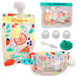 Kit de 10 [Gourdes Compote Réutilisables Repas Bébé/Enfant Sans BPA] + Sachet Goûter XXL Réutilisable INCLUS! /Poche Rechargeable Et Lavable Fond Transparent, Gourde à Presser 150ml Yaourt/Purée