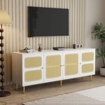 Meuble tv en rotin 180x40x72 cm - 4 portes en rotin, étagères réglables en hauteur, tv jusqu'à 80 pouces, blanc+naturel