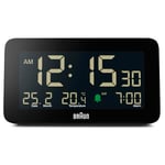 Braun Digital Alarm Clock with Date, Month and Temperature Displayed, Negative LCD Display, Quick Set, Crescendo Beep Alarm in Black, model BC10B (1 Pack)