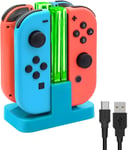 4 En 1 Chargeur Station Compatible Avec Joy Con Pour Switch & Oled Model, Manettes Station De Charge Avec Indicateur Led Et Cordon De Charge Type-C - Bleu