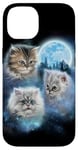 Coque pour iPhone 14 Trois chats mignons engloutis dans les nuages de galaxie sous la lune glacée