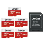 Lexar Carte Micro SD 64 Go Lot de 5 Cartes, Carte Mémoire Micro SD+ Adaptateur, Microsdxc Carte TF jusqu'à 100 Mo/s, A1, U3, C10, V30, Full HD et 4K UHD pour Caméra, Telephone, Switch