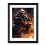 Artery8 Army Warfare Desert Sniper Explosion Flames Oil Painting Soldier Action Scene Artwork Framed Wall Art Print 18X24 Inch