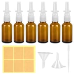 Lot de 6 flacons de spray nasal vides - 30 ml - En verre ambré - Rechargeable avec étiquette - 2 entonnoirs - Anti-fuite - Pour parfum, huiles essentielles, solution saline, cosmétique