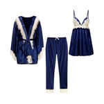 Pajamas Femme Sets Femmes Dentelle Satin Pyjama Ensemble + Peignoir Trois Pièces Faux Soie Vêtements De Nuit Femme Sexy Homewear Chemises De Nuit D'Été Nouveau-Bleu Saphir_L