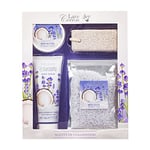 Scents of Collinwood - 4 Piece Women’s Wonderful Lavender Coconut Scent Bath Box Set - Includes Body Scrub, Body Butter, Bath Salts and a Pumice Stone, Purple