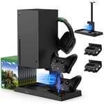 Vertical Cooling Stand Compatible with Xbox Series X Console - Dual Controller Charging Dock Station with 2 x 1400mAh Batteries & Game Rack Storage Organizer and Gaming headphones holder for Series X