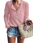 WNEEDU Pull Femme à Manches Longues en Tricot Gaufré Tunique T-Shirt Chemise Henley Décontracté Col V avec Boutons