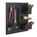 Relaxdays Panneau perforé, système de rangement pour outils, H x L : 45 x 45 cm, en lot de 9 accessoires, couleur noir