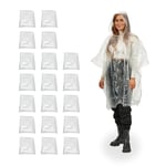 Relaxdays Ponchos de Pluie jetables, Lot de 20, avec Capuche et Ouverture pour Les Bras, Unisexe, Transparent