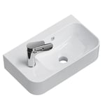 EMKE Lavabo suspendu 450 x 265 x 155 mm - Lavabo compact et élégant pour petites salles de bains et toilettes d'invité - Robinet à gauche, installation murale, blanc brillant