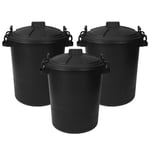 3 x Large 80L Plastic Black Dustbin Lid Lock Kitchen Garden Heavy Duty Storage