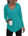 Cuptacc Chemisier Femme Chic et élégant Sweat à Capuche Pull Long Col V Blouse Haut Green du lac Sombre,Groß L 42-44