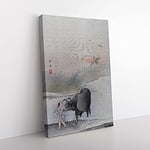 Big Box Art Cow at The Rivers Edge by Hashimoto Gaho Painting Canvas Wall Art Print Ready to Hang Picture, 76 x 50 cm (30 x 20 Inch), Grey, Black