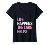 Womens Funny Life happens the lake helps distressed vintage V-Neck T-Shirt