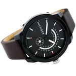 Tommy Hilfiger Men's Denim Watch with Black Dial and Brown Leather Strap