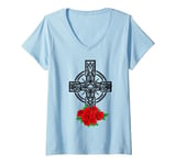 Womens Cross Flowers Roses Commemorative Christian Crucifix Crosses V-Neck T-Shirt