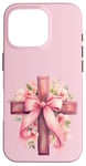 Coque pour iPhone 16 Pro Pink Christian Cross Graphic For Women Girl Wildflower Cross