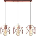 Lustre Suspension 3 Lampes en Barre Cage Carré Métal Or Rose Pendentif Luminaire pour Cuisine Chambre Balcon Salon