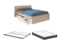 Lit avec 2 tiroirs 140 x 190 cm - Coloris : Naturel et blanc brillant + Sommier + Matelas - VELONA