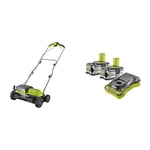 Ryobi RY18SFX35A-0 18V ONE+ Cordless 35cm Brushless Scarifier, 18 V, Vert & Pack 2 Batteries 18V One+ 5.0 Ah & Son Chargeur Rapide - RC18150-250G