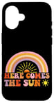 Coque pour iPhone 16 Here Comes The Sun Style rétro arc-en-ciel