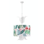 ONLI Suspension Flamingo avec abat-jour en tissu imprimé tropical sur fond blanc. Diamètre : 48 cm. Avec fougère Bianco, Verde, Rosa