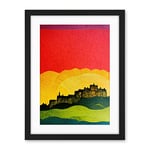 Wee Blue Coo Modern Edinburgh Castle Vibrant Rainbow Colour Sunset Scottish Cityscape Coral Yellow Green Blue Artwork Framed Wall Art Print 18X24 Inch