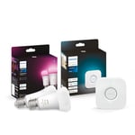 Philips Hue Kit de Démarrage Ambiance Blanc et Couleur : 2 Ampoules connectées LED E27 60W, Contrôle Bluetooth et Pont, fonctionne avec Alexa/Google Home, Expérience Lumineuse Personnalisée