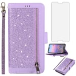 Asuwish Compatible with Huawei P20 Wallet Case and Tempered Glass Screen Protector Glitter Flip Cover Zipper Card Holder Stand Cell Phone Cases for Hwauei Hawaii P 20 20P EML-L09 EML-L29 Women Purple