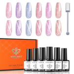 Modelones Vernis Semi Permanent,6 Couleur Cat Eye Gel UV Semi Permanent Kit avec Bâton Magnétique,Cat Eye Vernis à Ongles Yeux de Chat Soak Off Polish French Manucure pour Printemps Été