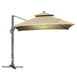 Parasol déporté LED carré double toit inclinable pivotant manivelle piètement acier dim. 3L x 3l x 2,66H m beige