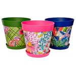 Hum Flowerpots set of 3 plastic, indoor/outdoor plant pots 25cm diameter and 3 saucers 19cm diameter (Multi Floral)