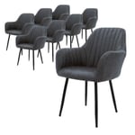 Lot de 8 chaises salle à manger rembourrée anthracite avec accoudoirs en simili