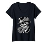 Womens Skeleton Playing a Mouth Harp Harmonica,Wearing a Bowler Hat V-Neck T-Shirt