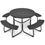 GIANTEX Ensemble Salon de Jardin Extérieur-8 Personnes-Table de Pique-Nique/Jardin avec Trou de Parasol+4 Bancs-Cadre en Fer-Noir