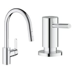 GROHE Robinet de cuisine évier Get, Robinet avec douchette extractible, Bec en forme & Distributeur de savon encastrable, distributeur savon cuisine, distributeur savon liquide capacité de 500ml