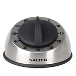 Salter 338 SSBKXR15 Minuteur de Cuisine Mécanique - Minuteur Analogique jusqu'à 60 Minutes, Alarme pour Cuisson, Sans Pile, Acier Inoxydable, Outil de Gestion du Temps, Garantie 2 Ans, Noir/Argent