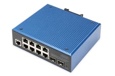 DIGITUS Commutateur réseau PoE - 10 Ports Gigabit Ethernet - 8X RJ45 + 2X SFP - IP40 - L2 géré - 10/100/1000 Mbit/s - Montage sur Rail DIN - série Industrielle - Noir/Bleu