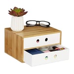 Relaxdays Organiseur de Bureau, 2 tiroirs, Bambou & MDF, boîte de Rangement, Ordre, HLP 14 x 25 x 20 cm, Blanc