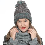 DonDon Bonnet d'hiver avec pompon pour dames femme bonnet tricoté doublé chaud et doux - Grigio Rosa Turchese