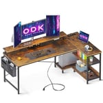 ODK Bureau d'angle avec Rangement, Bureau Gaming avec Etagere, Bureau en L Gamer avec Port USB et Prise de Courant, Table d’Ordinateur Bureau Informatique avec Support d'écran (Marron, (168x80cm)