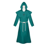 Halloween kostym medeltida munk dräkt munk dräkt trollkarl kostym präst cosplay kostym sjal cos komplett set green XL