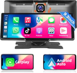 sans Fil Apple Carplay et Android Auto Autoradio écran Tactile de 9,3 Pouce Ecran Voiture avec Dashcam Avant 4K Portable Stéréo de Voiture avec Lien Miroir/Bluetooth/GPS/FM