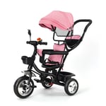 Tricycle Évolutif Pour Enfants, Canne Télescopique, Pare-Soleil Pliable Amovible Et Panier, Rose